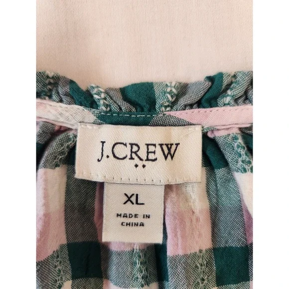 J.Crew Pink Green Gingham Ruffle Neck Cotton Sheer Peasant Blouse XL Flowy Boho - Picture 12 of 14